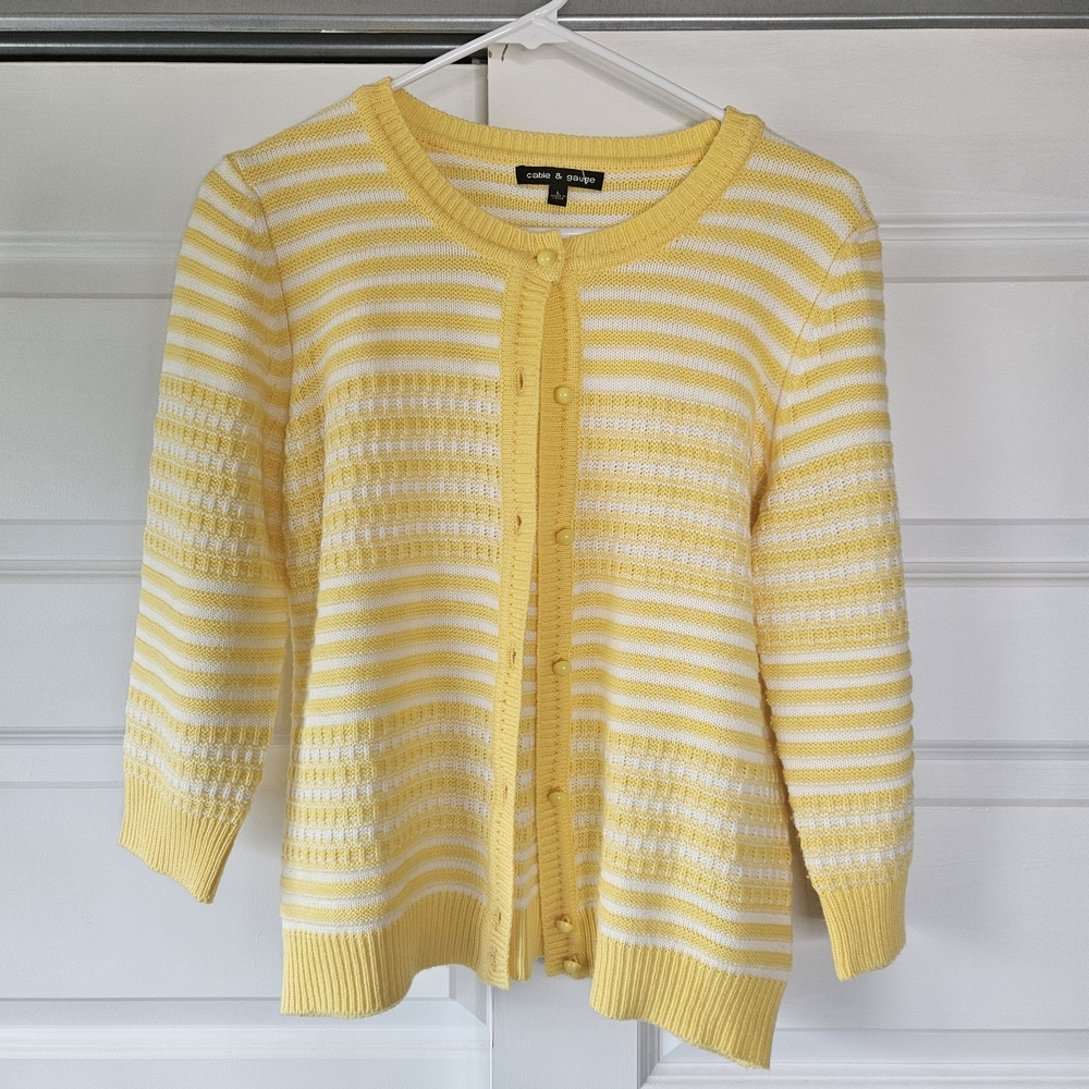 Cable & Gauge Yellow White Striped Textured Knit Cardigan - Size L